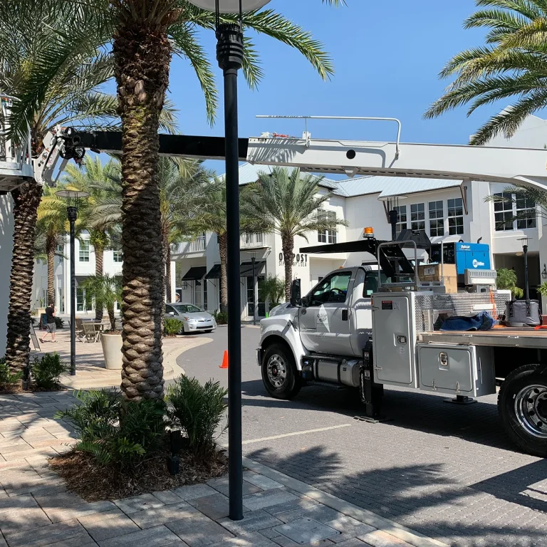 Vintage Sign & Light service truck with mounted lift in operation at a modern retail plaza with palm trees.