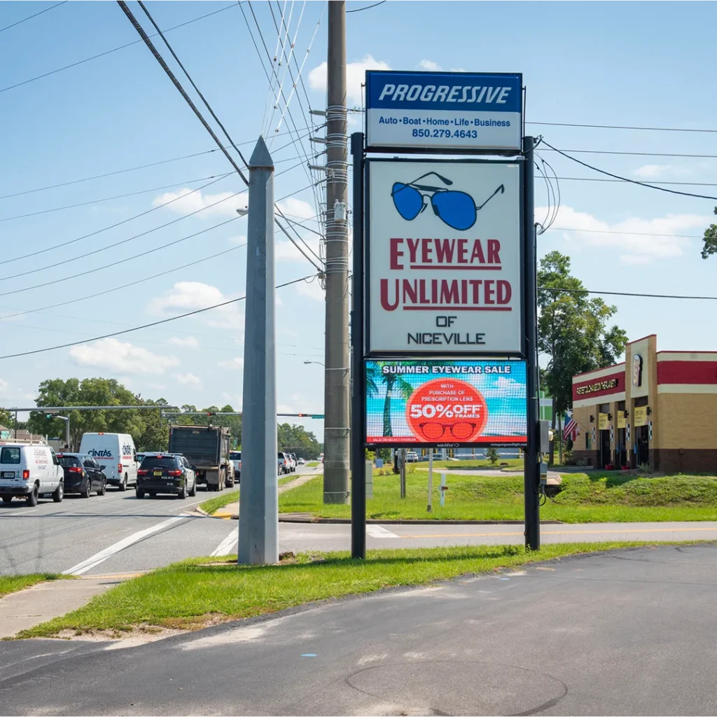Watchfire digital display installed at Eyewear Unlimited of Niceville by Vintage Sign & Light