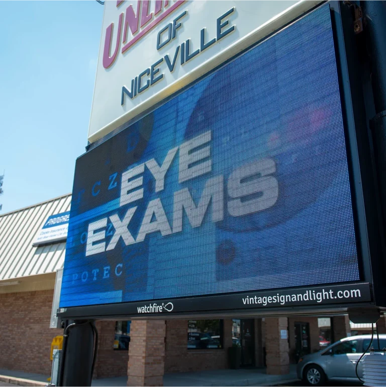 Side view close-up of Watchfire digital sign installed at Eyewear Unlimited of Niceville by Vintage Sign & Light