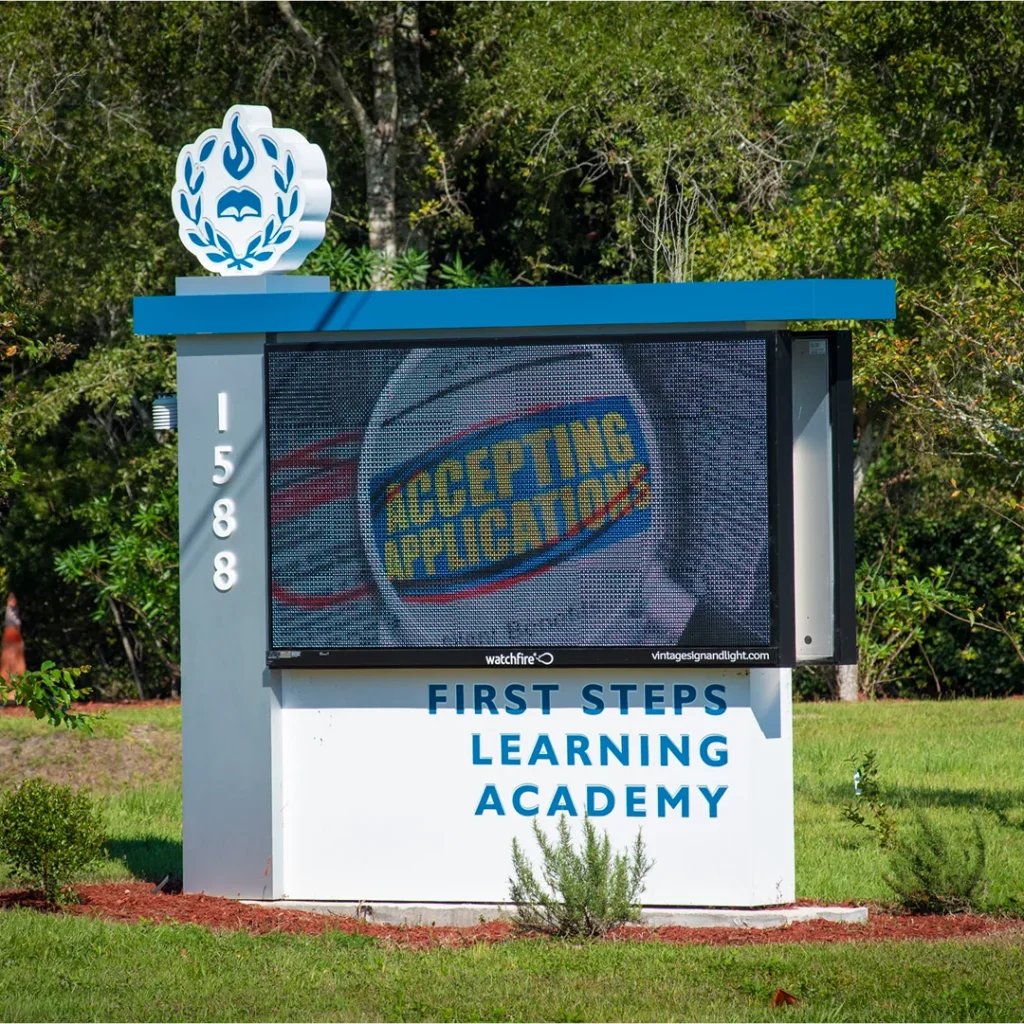 Custom LED sign at First Steps Learning Academy, built by Vintage Sign & Light