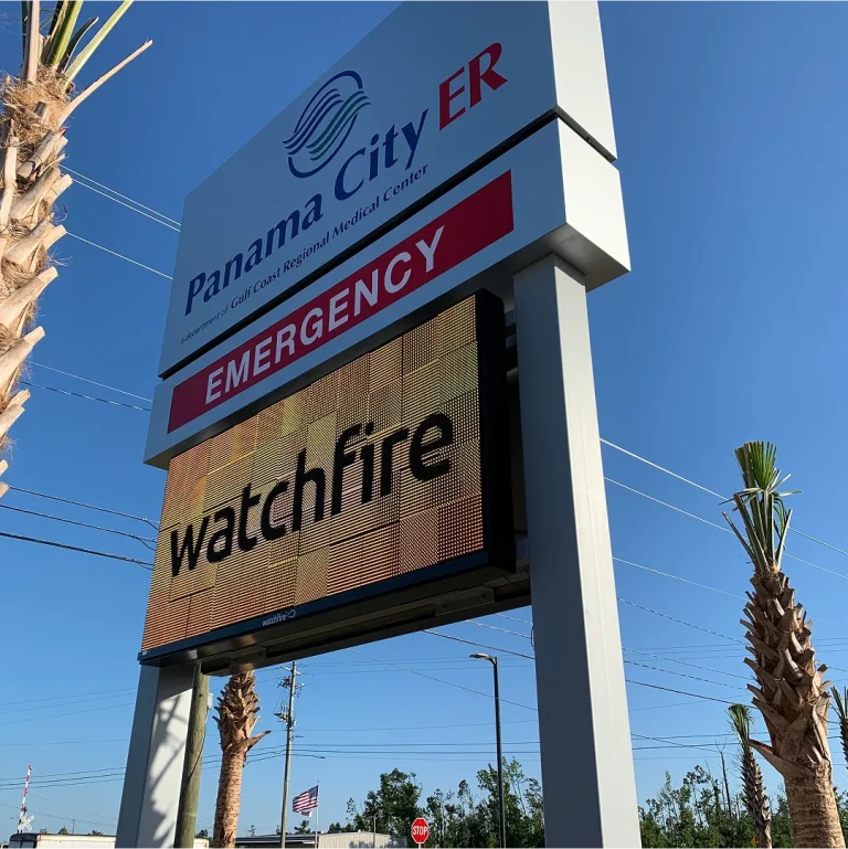 Side view of Watchfire digital sign installed at Panama City ER by Vintage Sign & Light