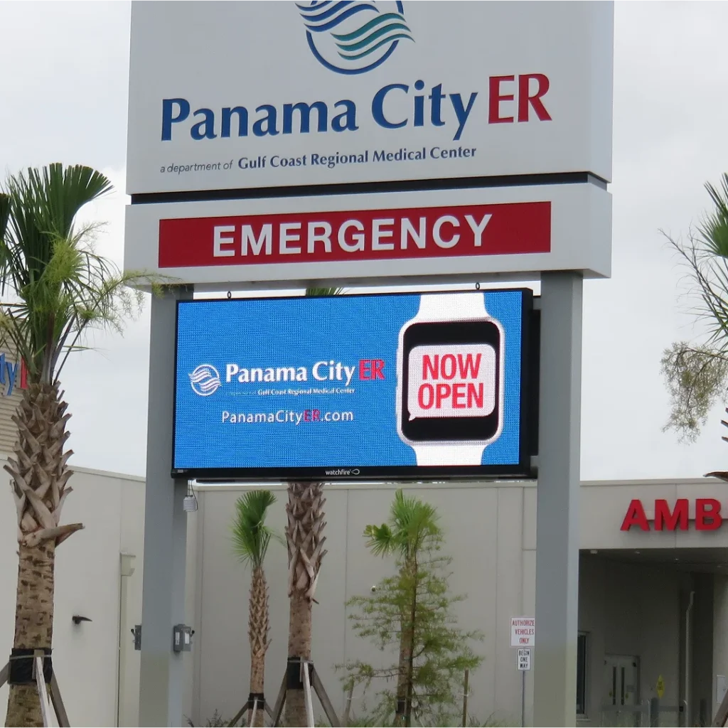 Front view of Watchfire digital display at Panama City ER installed by Vintage Sign & Light