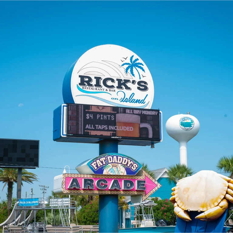 Watchfire digital sign installed by Vintage Sign & Light featuring restaurant and arcade branding