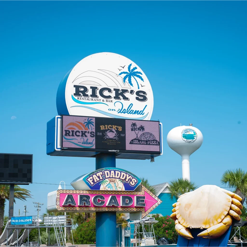 Close-up of Watchfire digital display and custom sign structure designed by Vintage Sign & Light