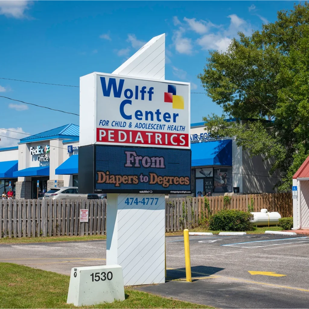 Close-up of vibrant Watchfire LED sign used for healthcare promotions at Wolff Center Pediatrics