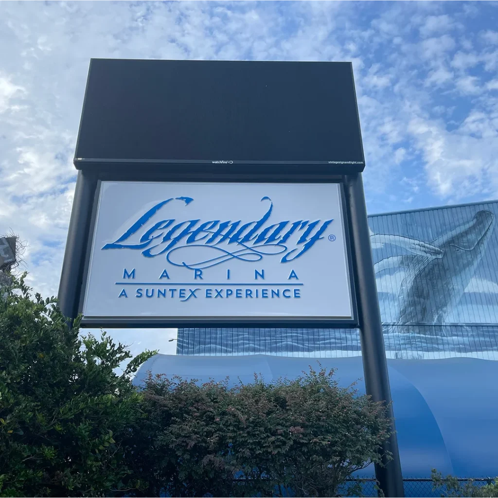 Custom Watchfire LED display and branded pylon sign for Legendary Marina, installed by Vintage Sign & Light.