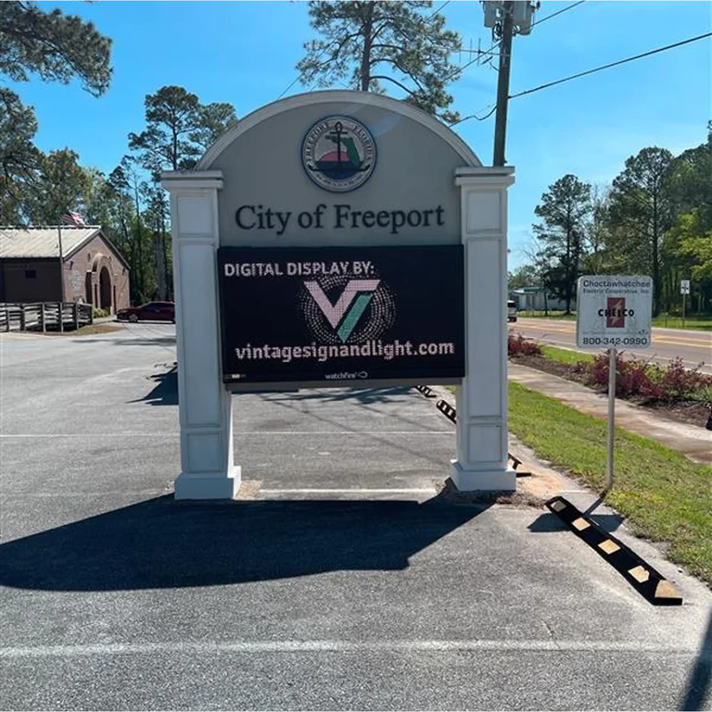 Watchfire LED sign installed by Vintage Sign & Light at the City of Freeport's main entrance monument.