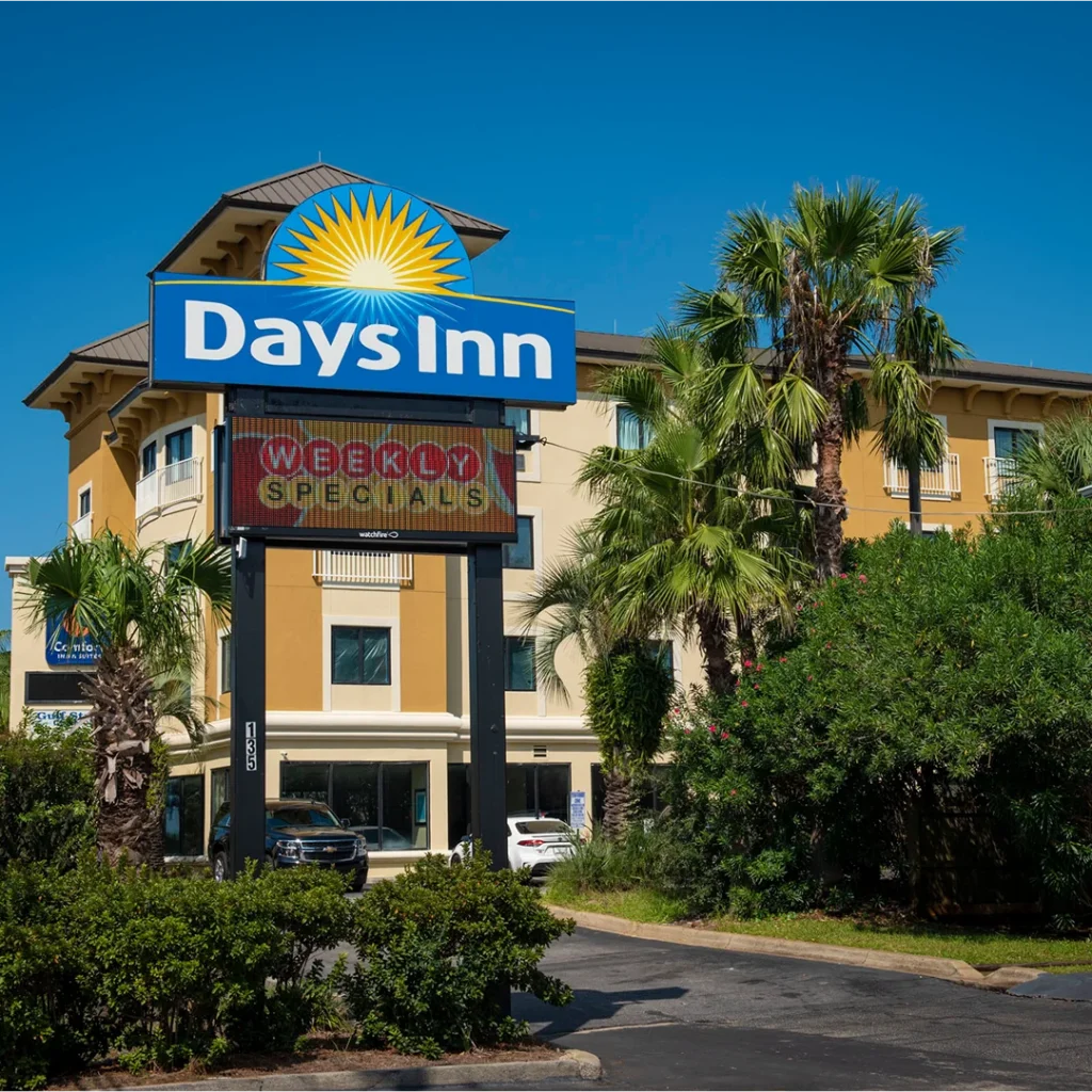 Wide shot showing Watchfire digital signage at Days Inn, installed by Vintage Sign & Light