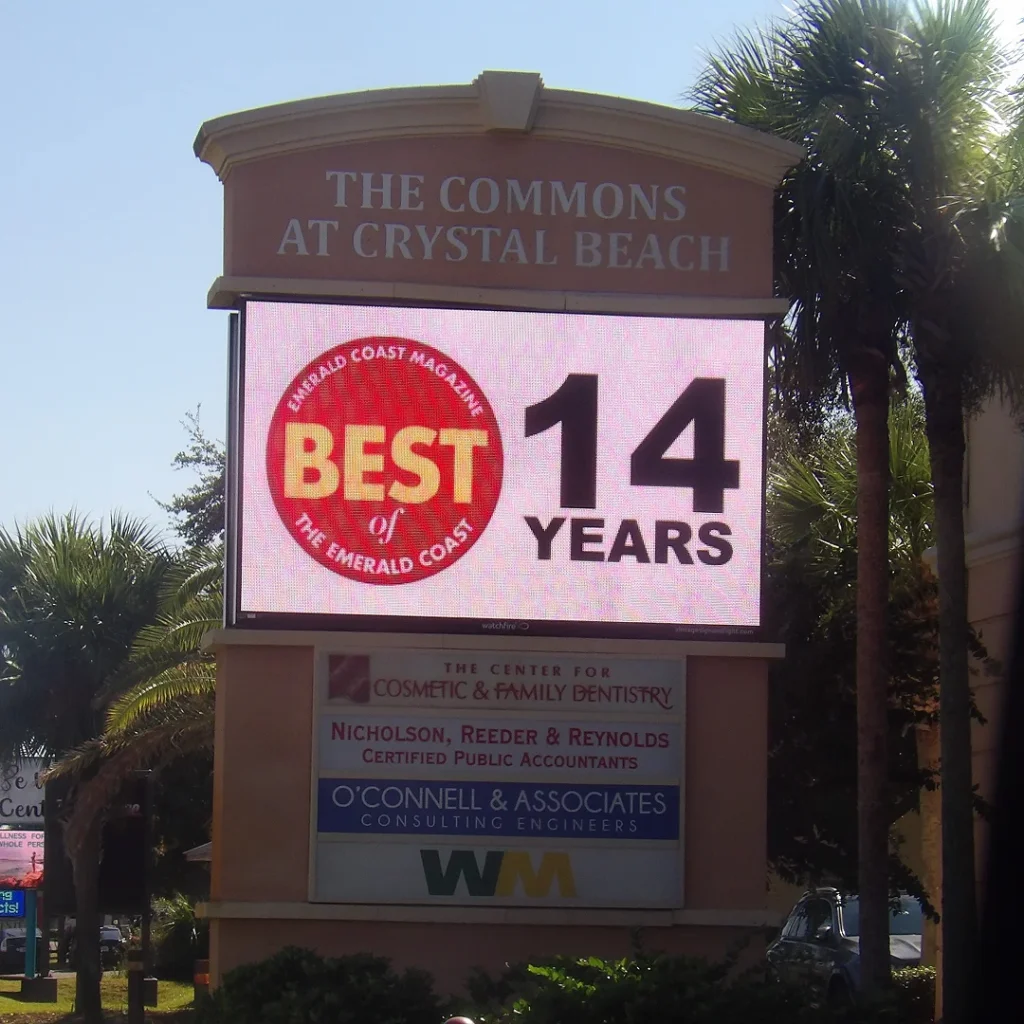 LED display by Vintage Sign & Light showing award for “Best of Emerald Coast – 14 Years” on pylon signage at The Commons at Crystal Beach.