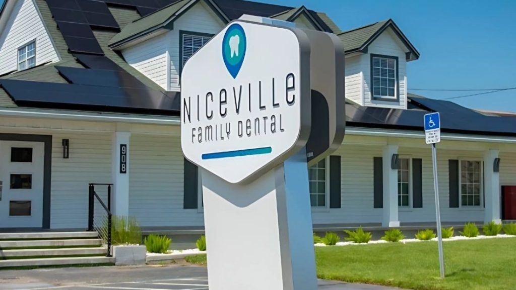 Modern monument sign for Niceville Family Dental featuring a sleek, freestanding design, an example of clean, professional work by monument sign companies in Florida.
