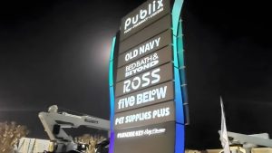 Multi tenant monument signs featuring businesses like Publix, Old Navy, Bed Bath & Beyond, Ross, Five Below, and Pet Supplies Plus.