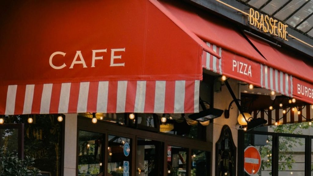 side view of red cafe awning