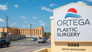 Freestanding medical office sign for Ortega Plastic Surgery along a busy roadside, illustrating how commercial zoning restrictions impact signage size, placement, and visibility for businesses.