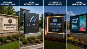 Different styles of commercial monument sign designs outside offices, schools, and retail centers