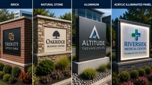 Commercial monument sign materials including brick, stone, aluminum, and illuminated acrylic panels