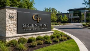 Modern commercial monument signs at a business entrance with landscaping and architectural design