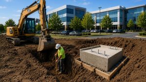 Commercial monument sign installation with excavation, crane lifting, and foundation construction