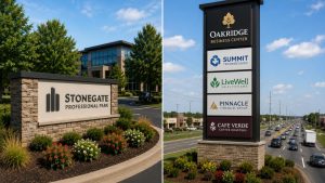 Commercial monument sign compared with a tall roadside pylon sign near a business property