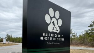 Black monument sign for Walton County Office of the Sheriff Animal Services with a paw print logo near a roadside entrance.