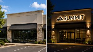 Before-and-after comparison of a storefront showing improved visibility with illuminated channel letters installed.