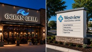 Side-by-side comparison of channel letters vs monument signs, featuring illuminated channel letter signage on a restaurant storefront and a monument sign at the entrance of a professional medical center.