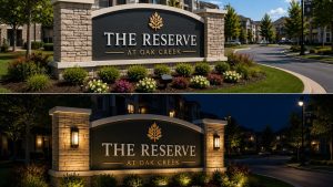 comparison image of non-illuminated and illuninated monument sign