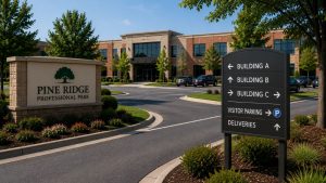 Monument and directional signs guiding visitors through a professional office park.