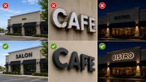 Comparison of common channel letter sign mistakes, including poor sign size, low-quality materials, and inadequate nighttime visibility.