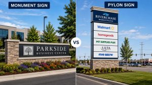 Side-by-side comparison of a monument sign and a pylon sign, showing a Parkside Business Center monument sign with stone columns and landscaping next to a Riverchase Marketplace pylon sign displaying multiple business tenants.