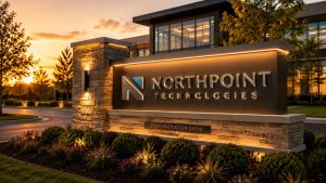 Illuminated Northpoint Technologies monument sign with raised letters, stone base, LED lighting, and landscaping outside a modern office building.