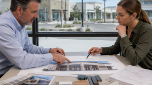 Property manager and sign designer reviewing plans for a commercial storefront sign.